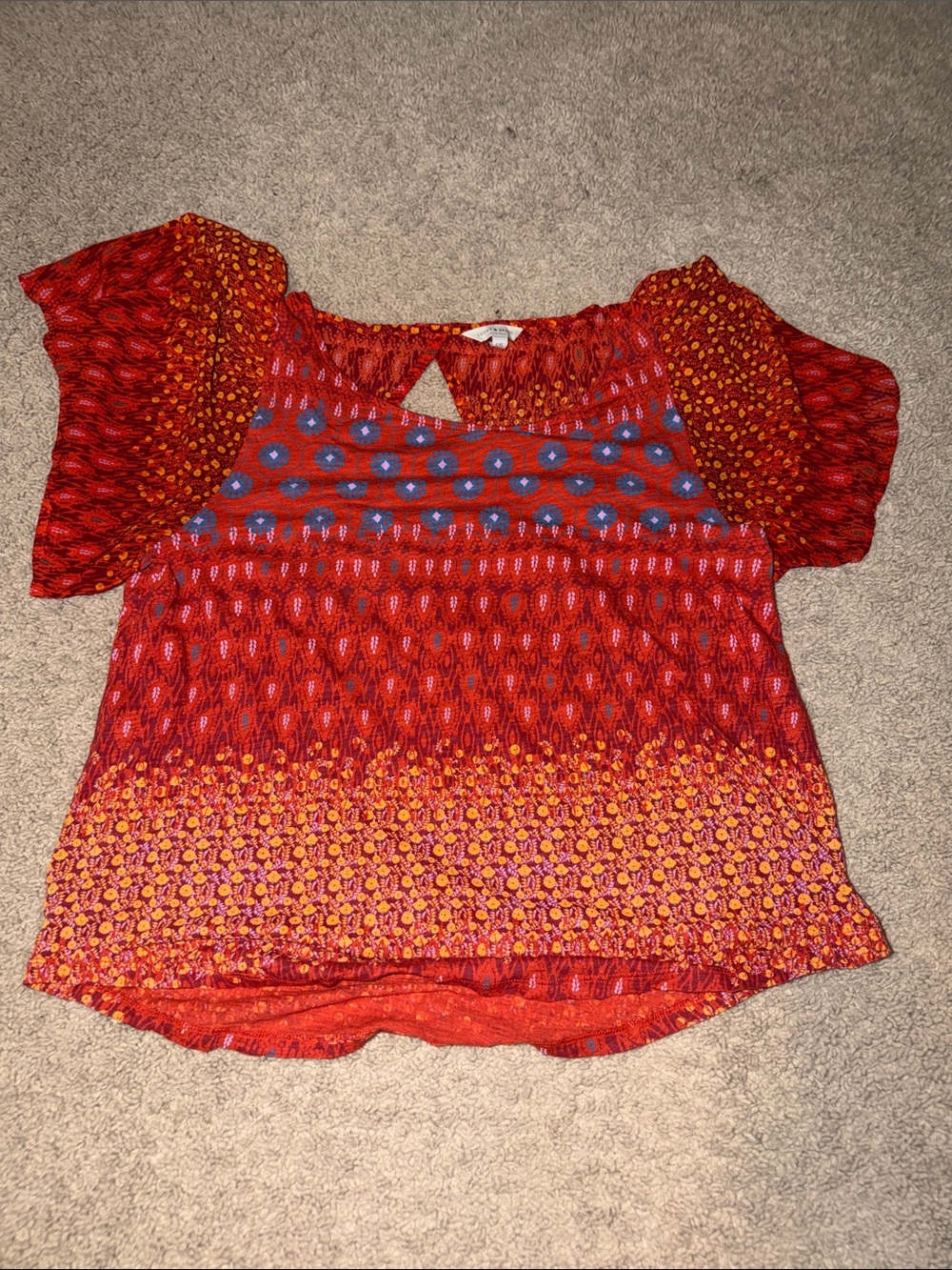 Lucky Brand Red Mixed-Print Short Sleeve Blouse